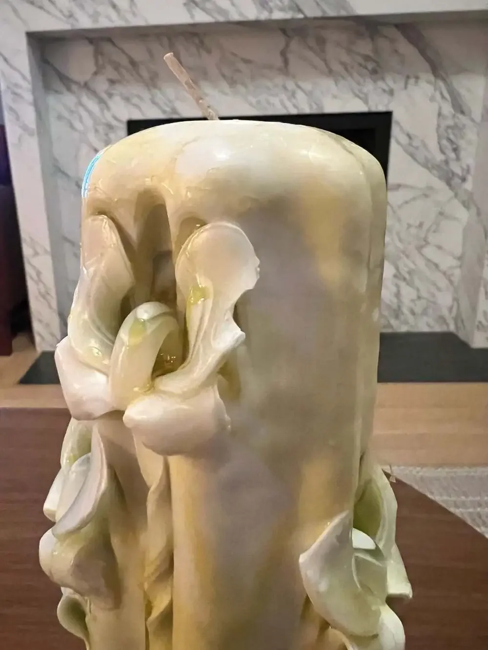 Vintage Hand Carved Sculpted Pillar Candle Green and White Wax